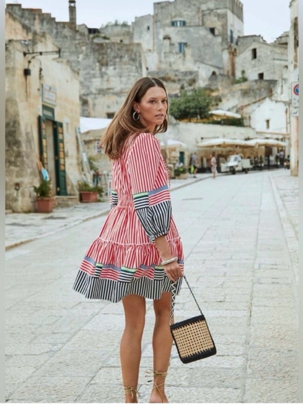 HUNTER BELL Red, Black and White Striped Tiered Dress